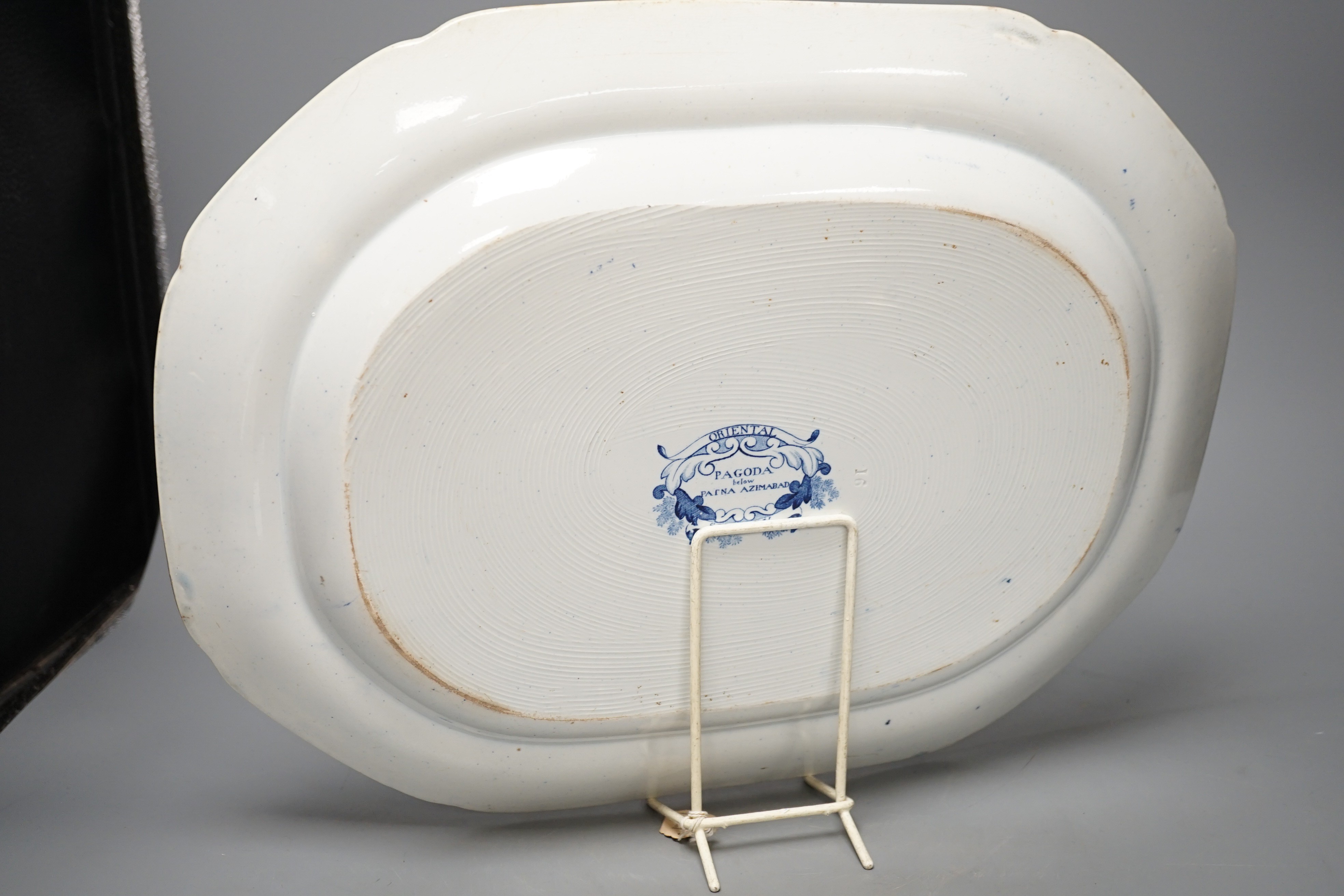 A Ridgway Oriental scenery blue and white platter, pagoda below Patna Azimabad 42cm